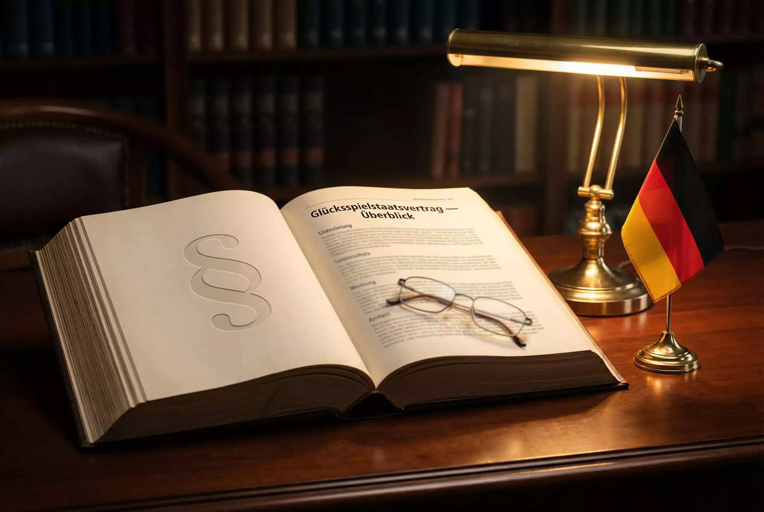 Juristisches Dokument mit Paragraphenzeichen und deutscher Flagge auf einem Holzschreibtisch