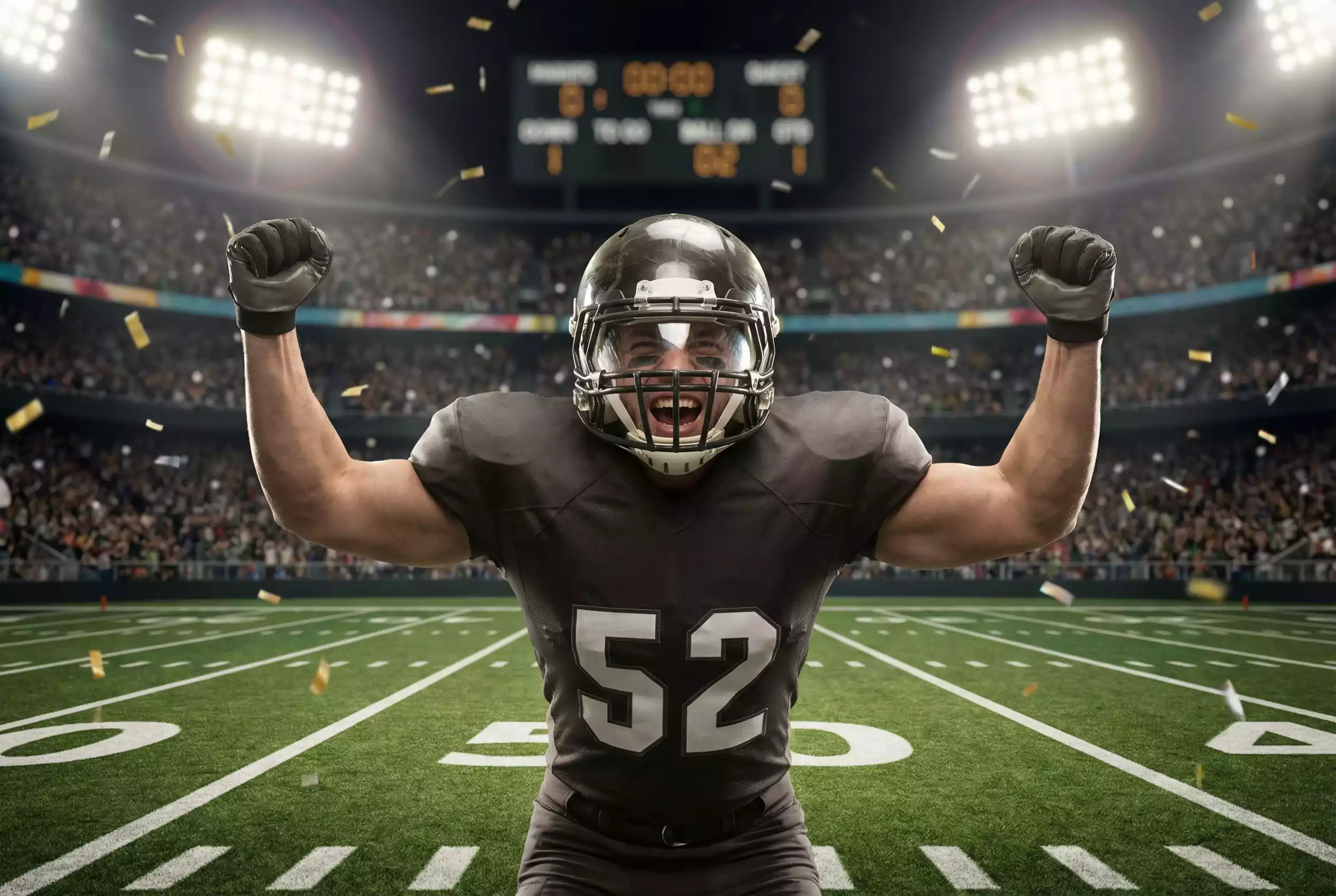 American Football Spieler feiert einen Sieg auf dem NFL-Spielfeld mit jubelnden Fans