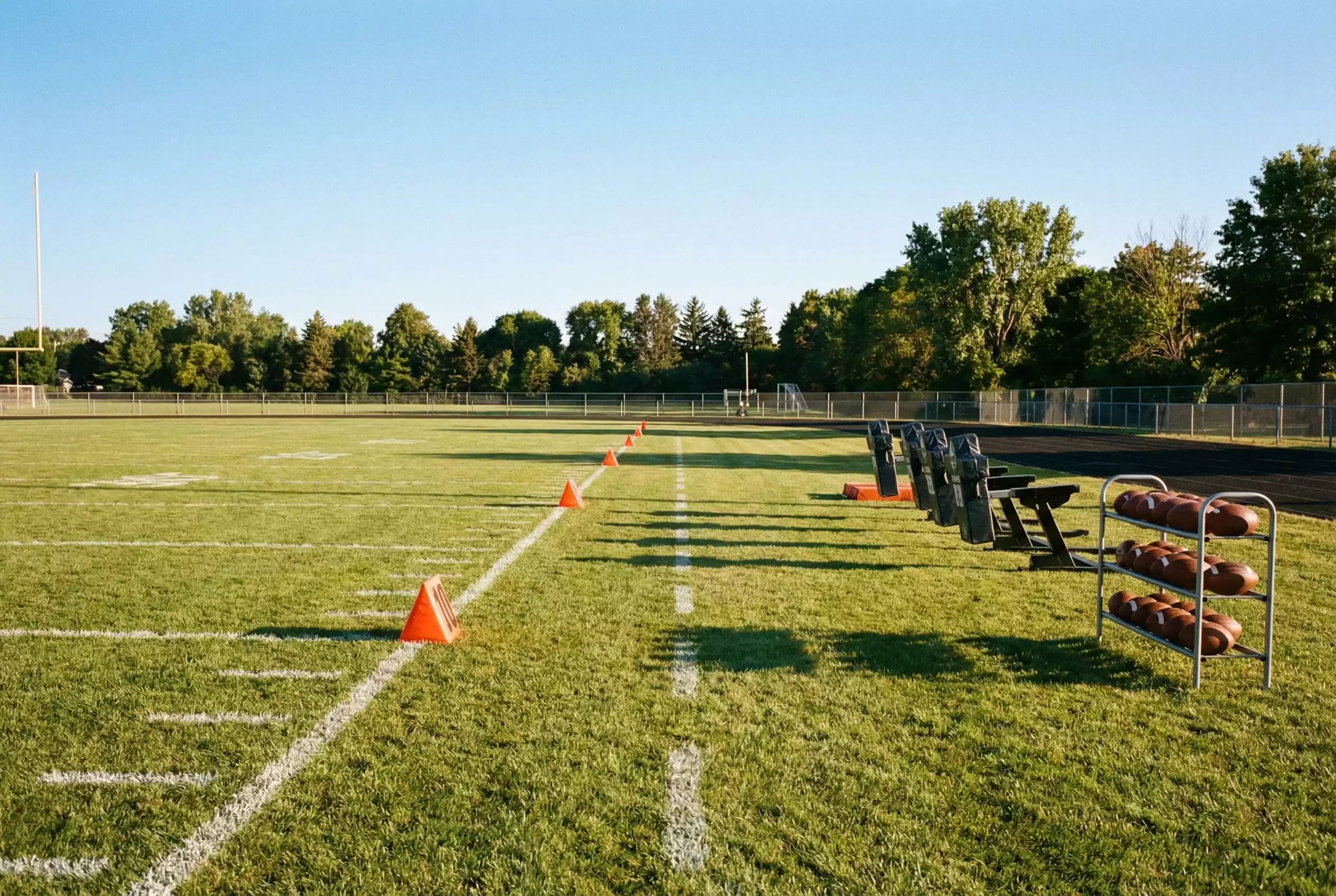 Leeres American Football Trainingsfeld mit Ausrüstung auf der Seitenlinie bei Tageslicht