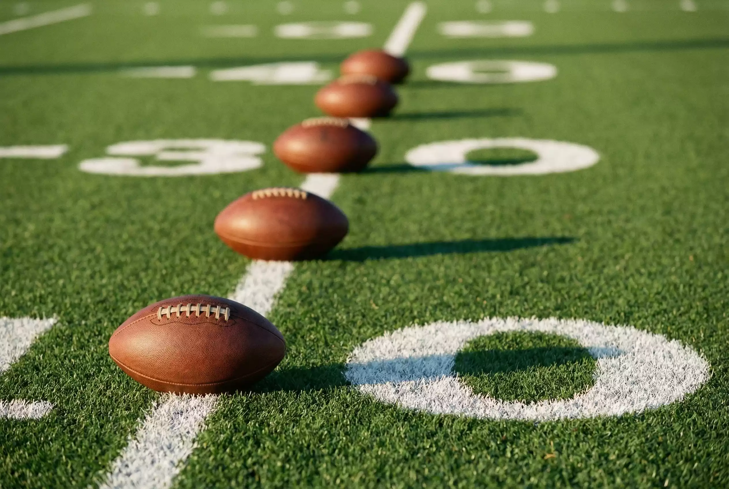 Mehrere American Footballs nebeneinander auf dem Rasen eines NFL-Spielfelds