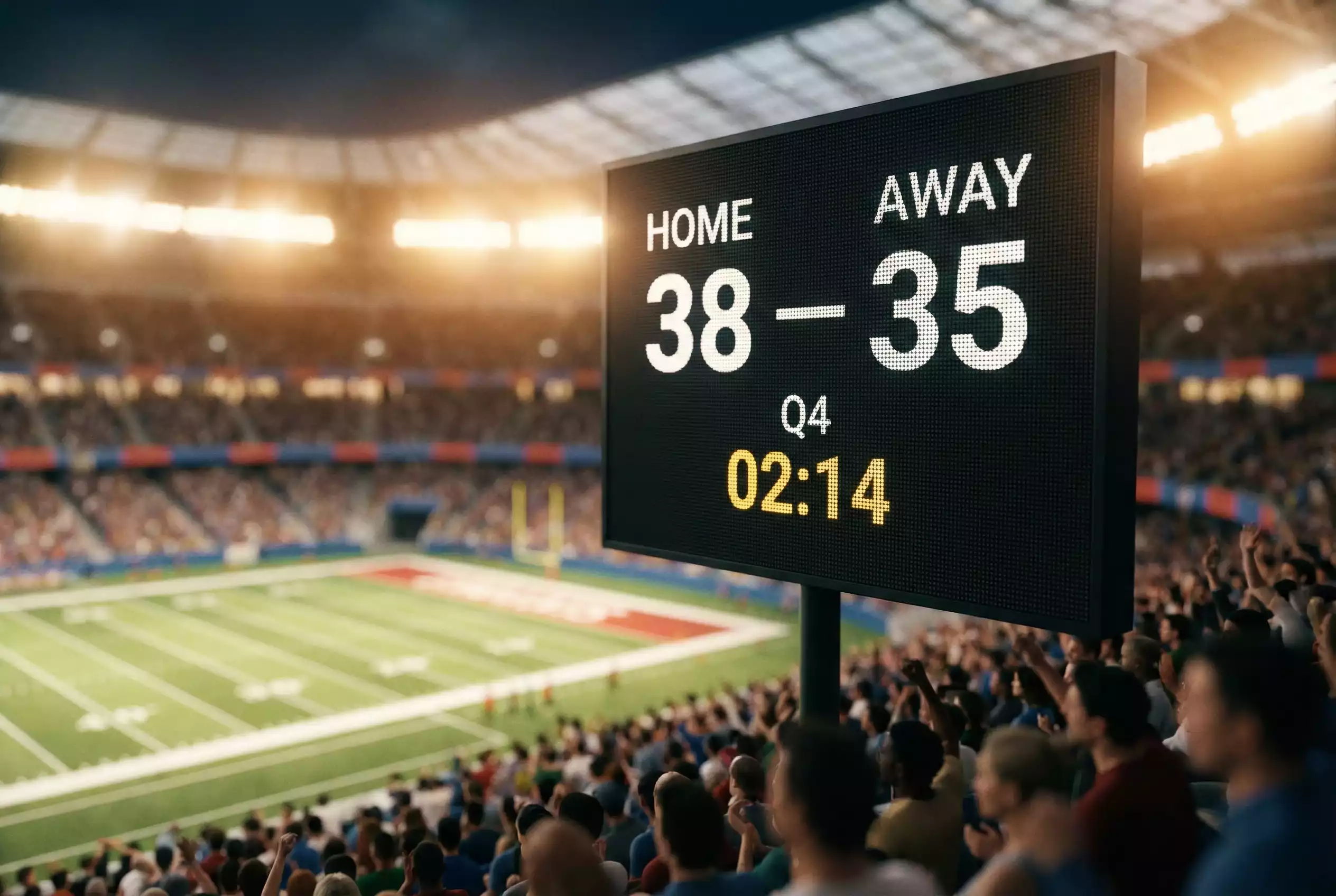 Nahaufnahme einer NFL-Anzeigetafel mit Punktestand während eines Spiels im Stadion