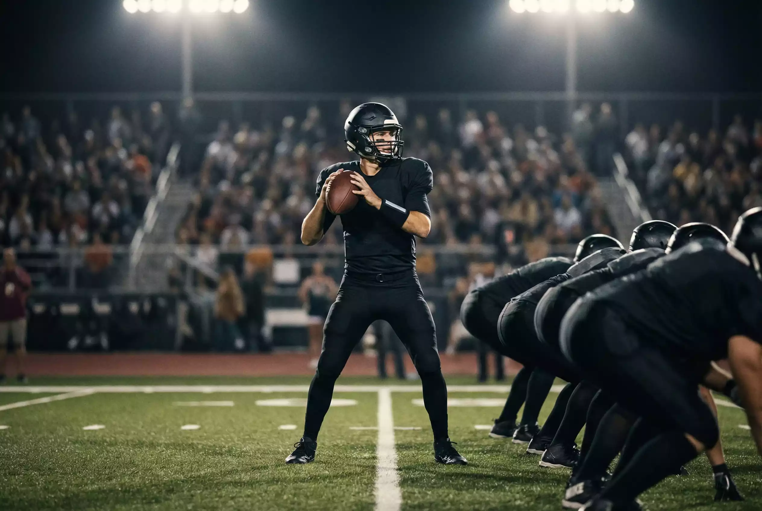 NFL Quarterback im Pocket hinter der Offensive Line bereit zum Pass