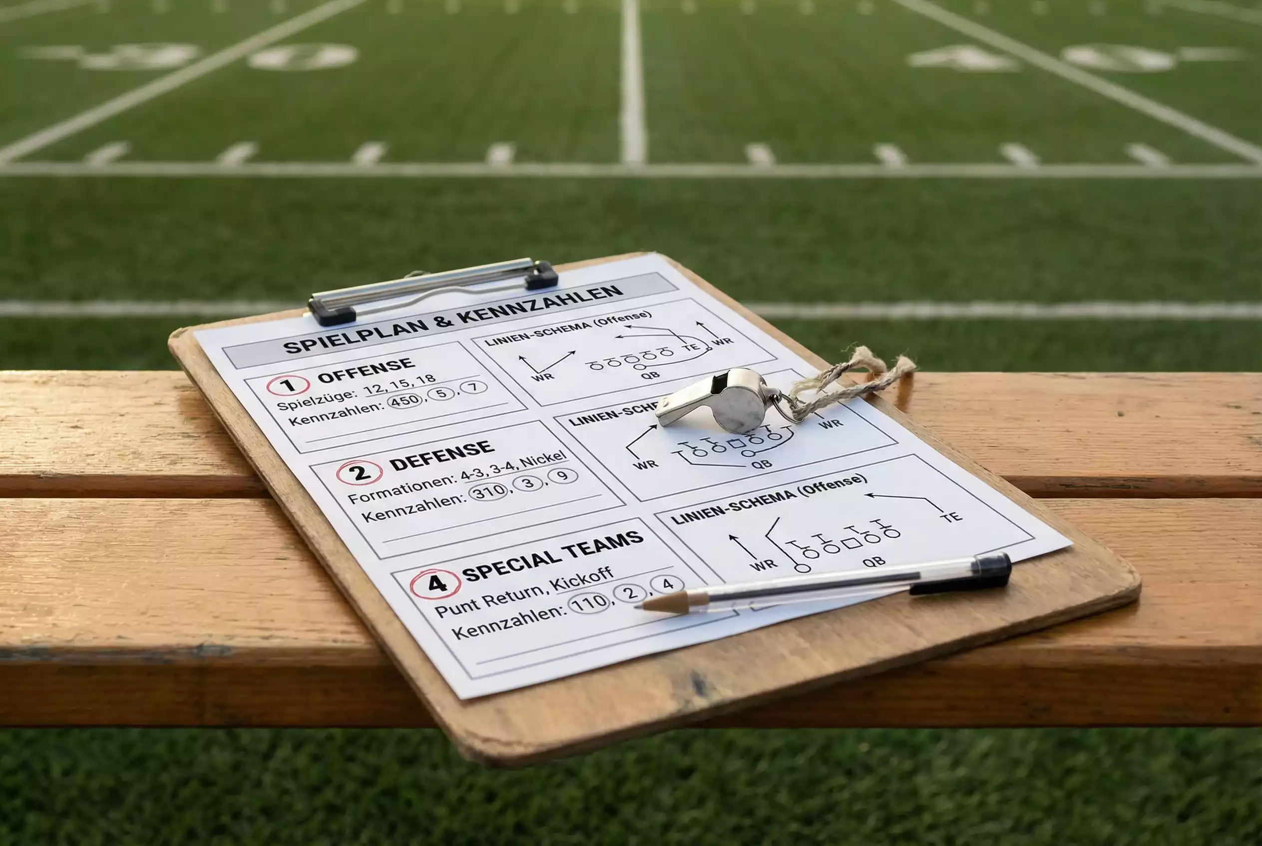Nahaufnahme eines Clipboards mit handschriftlichen Football-Spielstatistiken am Spielfeldrand