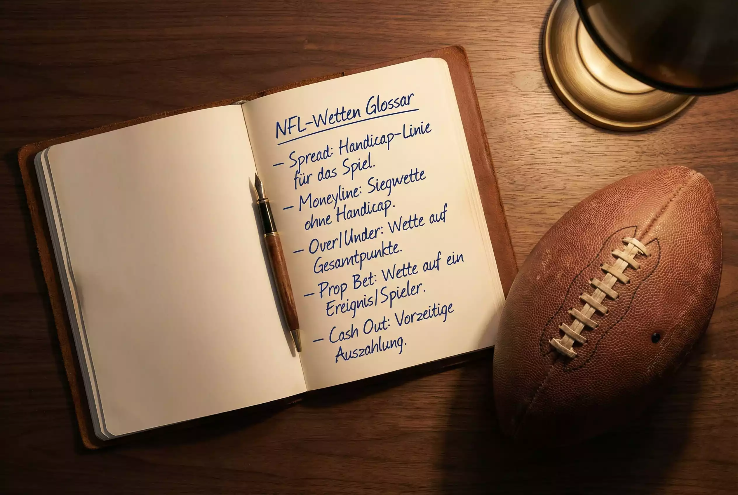 Aufgeschlagenes Notizbuch mit Football-Fachbegriffen neben einem American Football auf dem Tisch