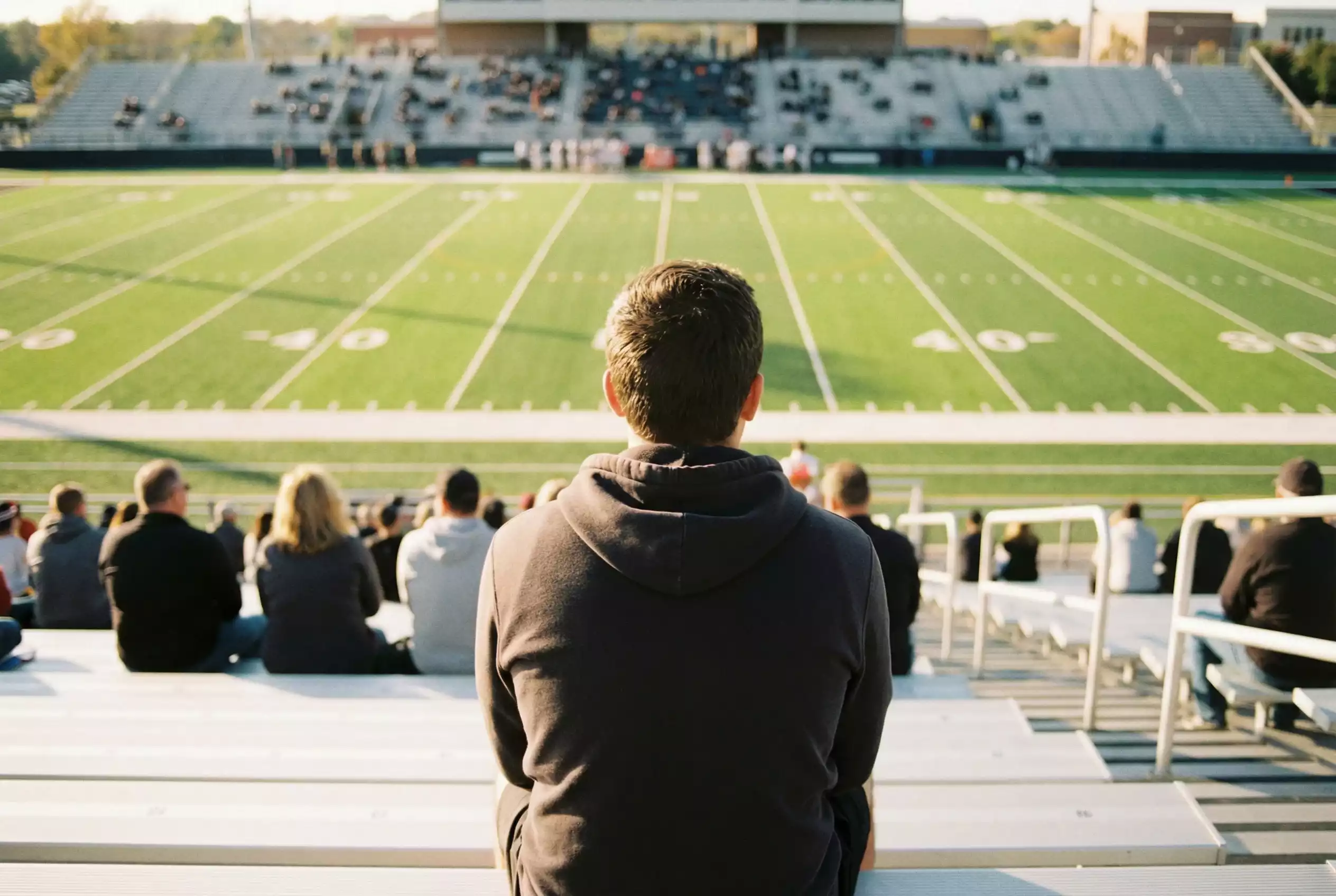 Anfänger studiert ein American Football Spielfeld von der Tribüne aus