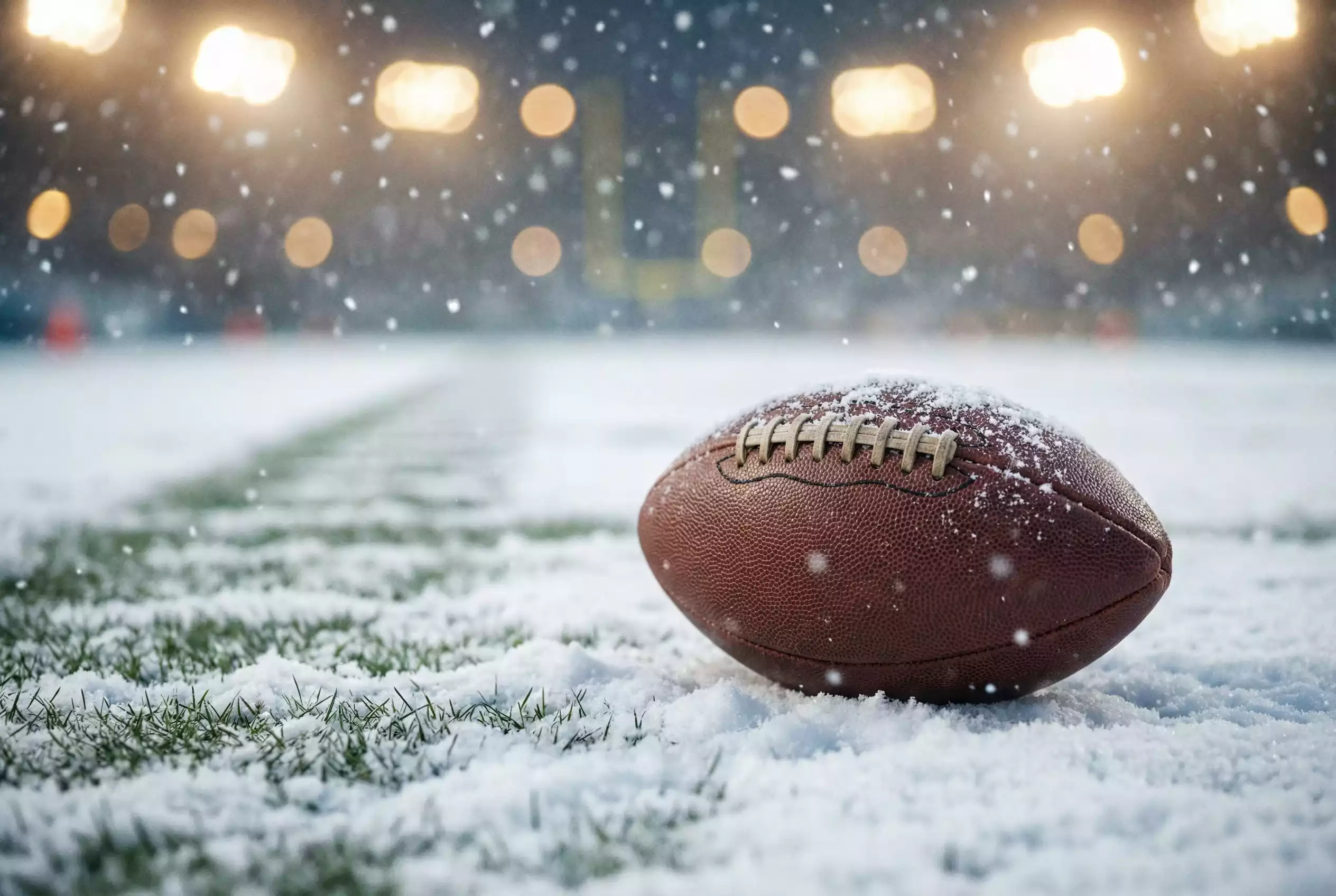 American Football auf schneebedecktem Spielfeld während eines Winterspiels in der NFL