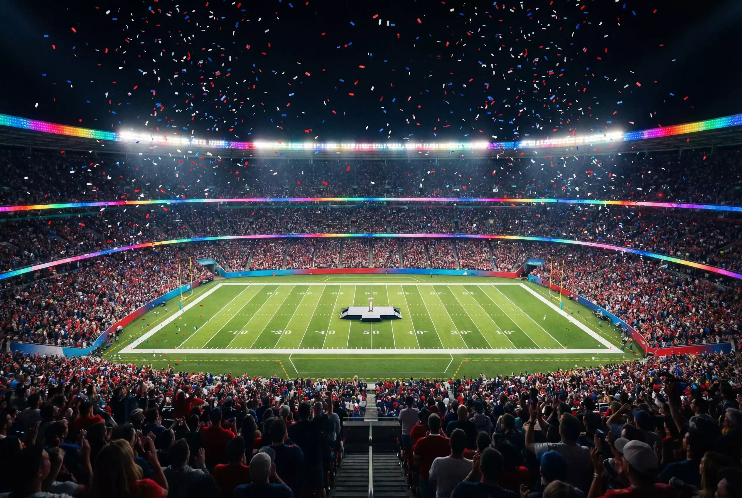 Beleuchtetes American Football Stadion bei Nacht während des Super Bowl Finales