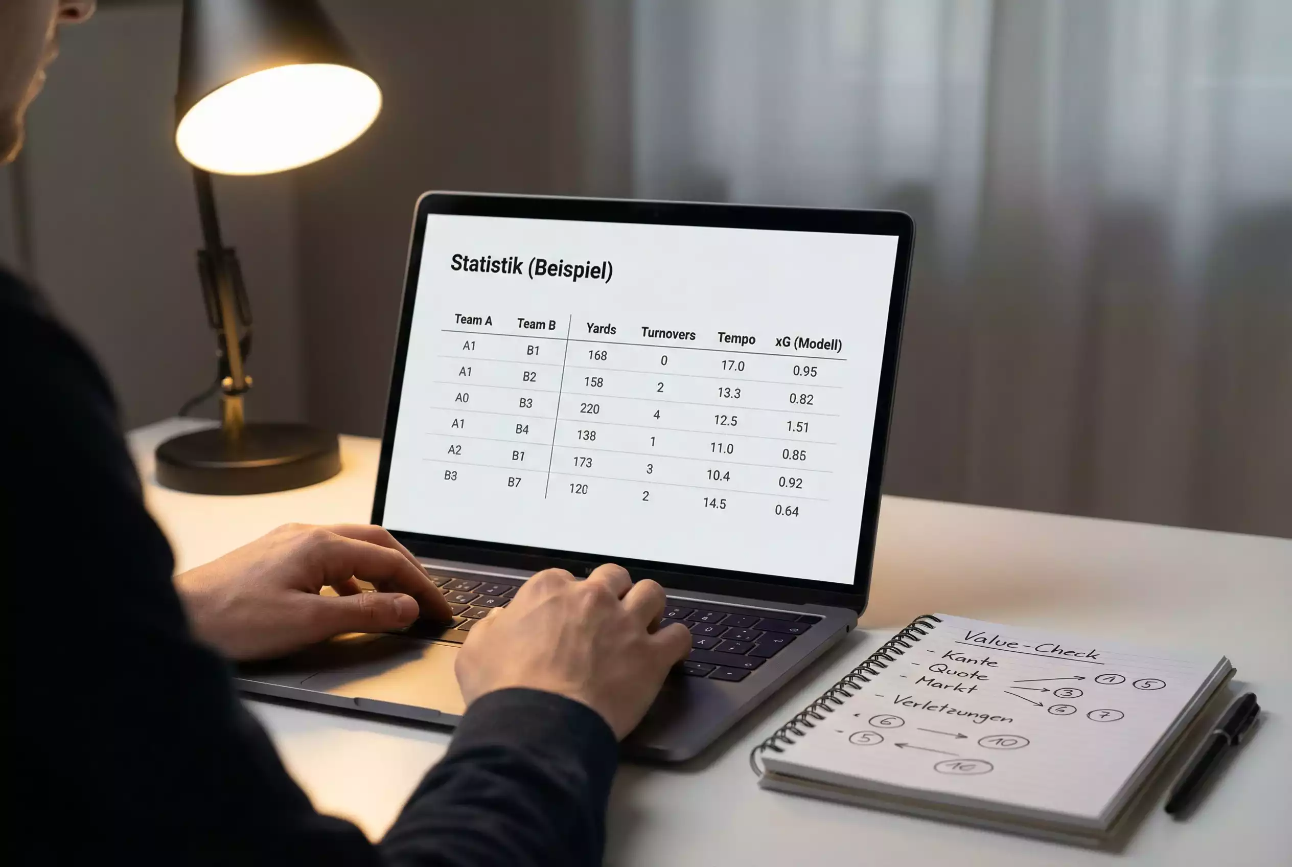 Analytiker studiert NFL-Statistiken auf einem Laptop mit Notizen zur Quotenanalyse